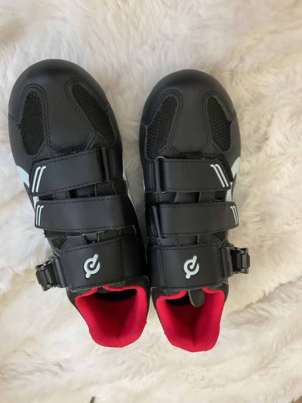 Peloton Black racing shoes with Red Interior and White Accents